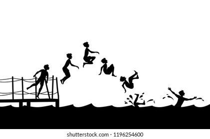 Boy jumping into the water from pier. Having summer fun on the beach. Sequence side view, silhouette, vector illustration, clip art, cartoon.