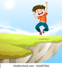 Niño saltando sobre la ilustración del acantilado