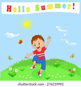 boy jumping on a meadow on a background of blue sky and inscriptions hello summer, illustration, vector