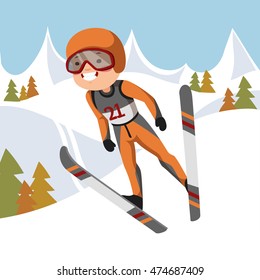 Boy jumping on skis. Vector illustration. Background mountains and forest.