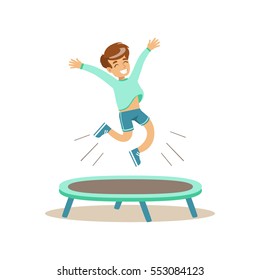 Boy Jumping On Trampoline, Kid Practicing Different Sports And Physical Activities In Physical Education Class