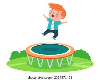 boy jumping on a trampoline in nature. flat vector illustration.