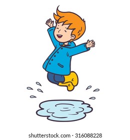 Boy jumping in puddle. Vector color illustration