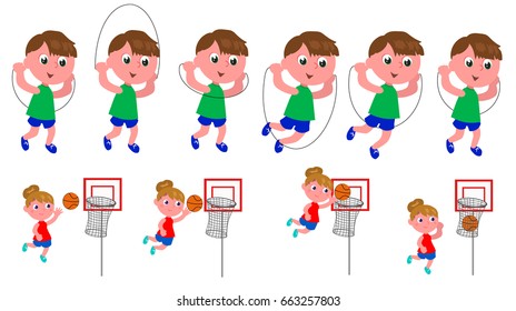 Boy jumping the rope and girl playing basket moving sequence vector illustration
