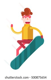 Boy Jumping with a Snowboard. Isolated Flat Vector Illustration on White Background.