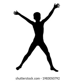 Boy jumps with his arms and legs apart, black silhouette