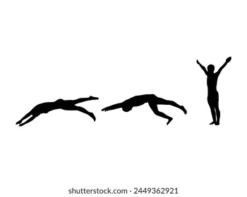 A boy jumps into the water. Swimmer silhouette vector, Sport people concept. Boy swimming diving silhouette isolated on a white background.