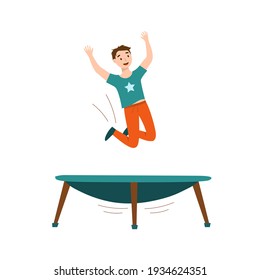 A boy jumps on a trampoline. Vector illustration with active games for teenagers concept. A boy in a turquoise T-shirt and red pants on a white background