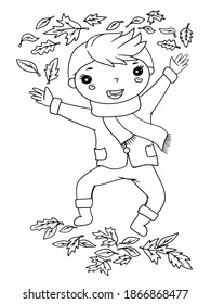 boy jumps scattering leaves autumn having fun happy baby illustration vector stroke outline graphic isolate on white background icon print