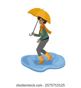 A boy jumps through puddles with a yellow umbrella in his hands. Child on a white background. Isolated vector illustration