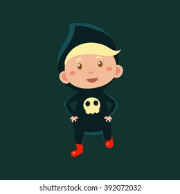 Boy In Jumpsuit With Scull Haloween Disguise Funny Flat Vector Illustration On Dark Background