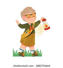 Boy Junior Scout with Freckles Holding Gas Lamp Vector Illustration