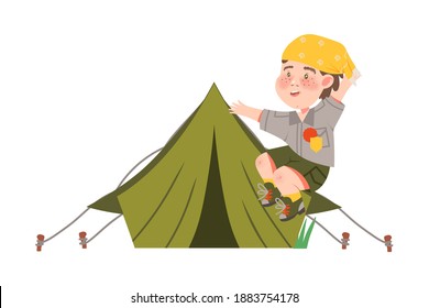 Boy Junior Scout Jumping with Joy Near Tent Vector Illustration