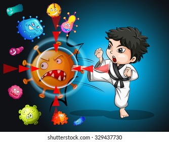 Boy in karate suit kicking bacteria illustration