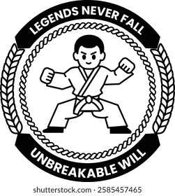 A boy in a karate uniform is depicted in a circle in the style of sign illustrations