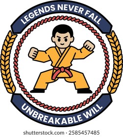 A boy in a karate uniform is depicted in a circle in the style of sign illustrations