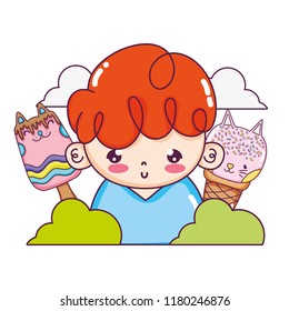 boy and kawaii cat ice cream and ice lolly