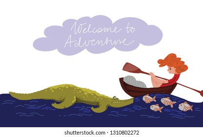boy in a kayak, boat is sailling to meet adventure, crocodile, welcome to adventure