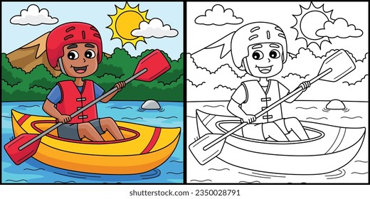 Boy Kayaking in Summer Coloring Page Illustration