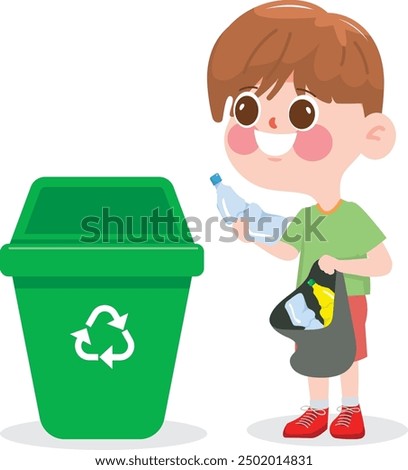 a boy keep plastic waste to recycle bin.