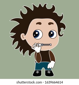 boy keeps his mouth shut by closing the zipper with his hand, funny cartoon character with simplistic facial expression, emoticon color vector illustration 
