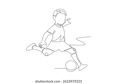 Um menino está chutando uma bola. Desenho de uma linha do conceito de futebol infantil