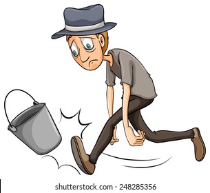 A boy kicking the pail on a white background