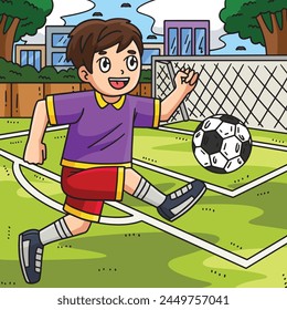 Boy Kicking Soccer Ball Colored Cartoon 