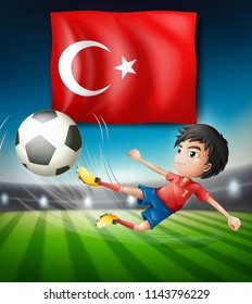 Boy kicking a soccer ball infront of turkish flag illustration