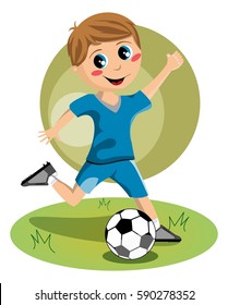 boy kicking a soccer ball on green field isolated