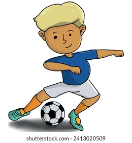 A boy kicking a soccer ball. Suitable for sports events, children's activities, and recreational designs. Illustrates energy, athleticism, and the spirit of teamwork.