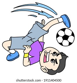 Un niño patea la pelota con un rollo, un garabato dibuja kawaii. ilustración vectorial