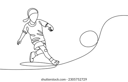 El chico patea la pelota. Presentación de una pelota de fútbol. Juego de fútbol. Día Mundial del Fútbol Infantil. Un dibujo de línea para diferentes usos. Ilustración vectorial.