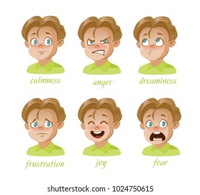 Boy Kid avatar Character expressions set. Avatar. Cartoon emotions collections. Boy, surprise, frustration, anger, sadness, calmness, joy, fear, dreaminess. Vector illustration.