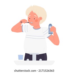 Boy kid brushing his teeth. Morning daily routine, hygiene care vector illustration