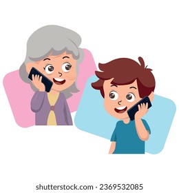 Boy kid calling grandma. Child talking with granny on phone. Happy grandkid speaking, telling smth grandmother on telephone. Different generation communication concept. Flat vector illustration.