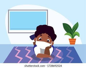 Boy kid cartoon with mask at home with tv design of Covid 19 virus theme Vector illustration
