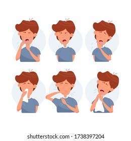 Boy kid character coughing and sneezing. Healthcare recommendation how to sneeze, cough properly. Prevention. Hygiene Concept. Flat cartoon vector stock Illustration isolated on white background.