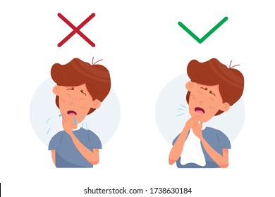 Boy kid character coughing and sneezing. Healthcare recommendation how to sneeze, cough properly. Prevention. Hygiene Concept. Flat cartoon vector stock Illustration isolated on white background.