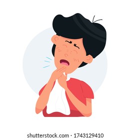 Boy kid character coughing and sneezing. Sick Kid. Season allergy. Flat cartoon vector stock Illustration isolated on white background.