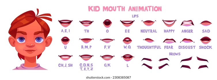 Boy kid character mouth animation cartoon vector. Sync talk english letter pronunciation construction template set with happy and sad emotion expression. Alphabet sound pack for speech generator