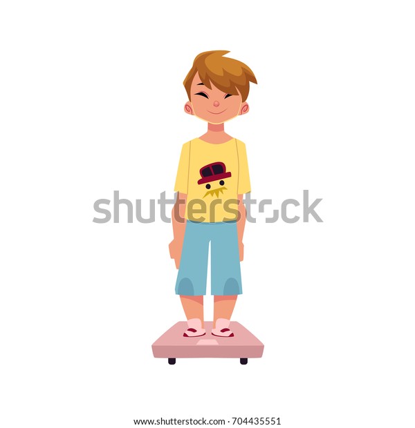 白い背景に男の子 子ども 体重計 診察 健康診断のコンセプト 漫画のベクターイラスト 10代の少年 子ども 体重計で立つ のベクター画像素材 ロイヤリティフリー