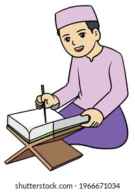 Boy kid child vectoe read reciting holy Koran Qur'an