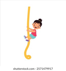 Boy Kid Climb Rope at Sport Lesson Vector Illustration