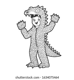 Boy kid dressed as dinosaur sketch engraving vector illustration. T-shirt apparel print design. Scratch board imitation. Black and white hand drawn image.