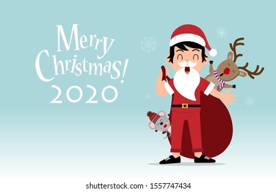 Boy kid dressed like Santa Claus carrying sack full of gifts and Rat and reindeer.