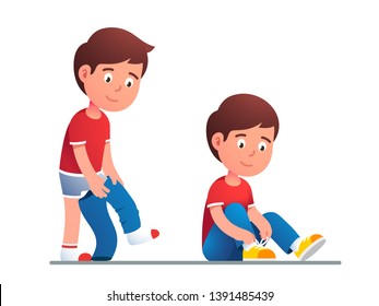 Boy kid dressing up or changing pants. Child put up clothes by himself. Guy lacing his shoes. Children undressing and dressing confidently. Flat vector character illustration