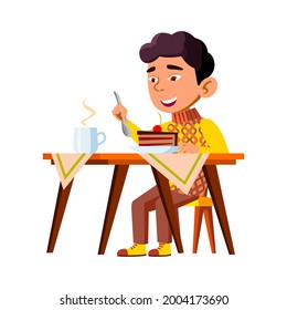 Boy Kid Eating Delicious Cake Breakfast Vector. Happy Chinese Infant Eat Sweet Cake Piece Dessert And Drinking Hot Tea. Character Child Enjoying Tasty Food And Drink Flat Cartoon Illustration