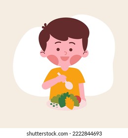 Boy kid eating healthy vegetables 