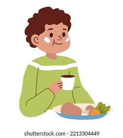 Boy kid eating sausages and green salad leaves, drinking cup of tea for breakfast or lunch, dinner or supper. Nutrition of children at home or school. Isolated personage, vector in flat style
